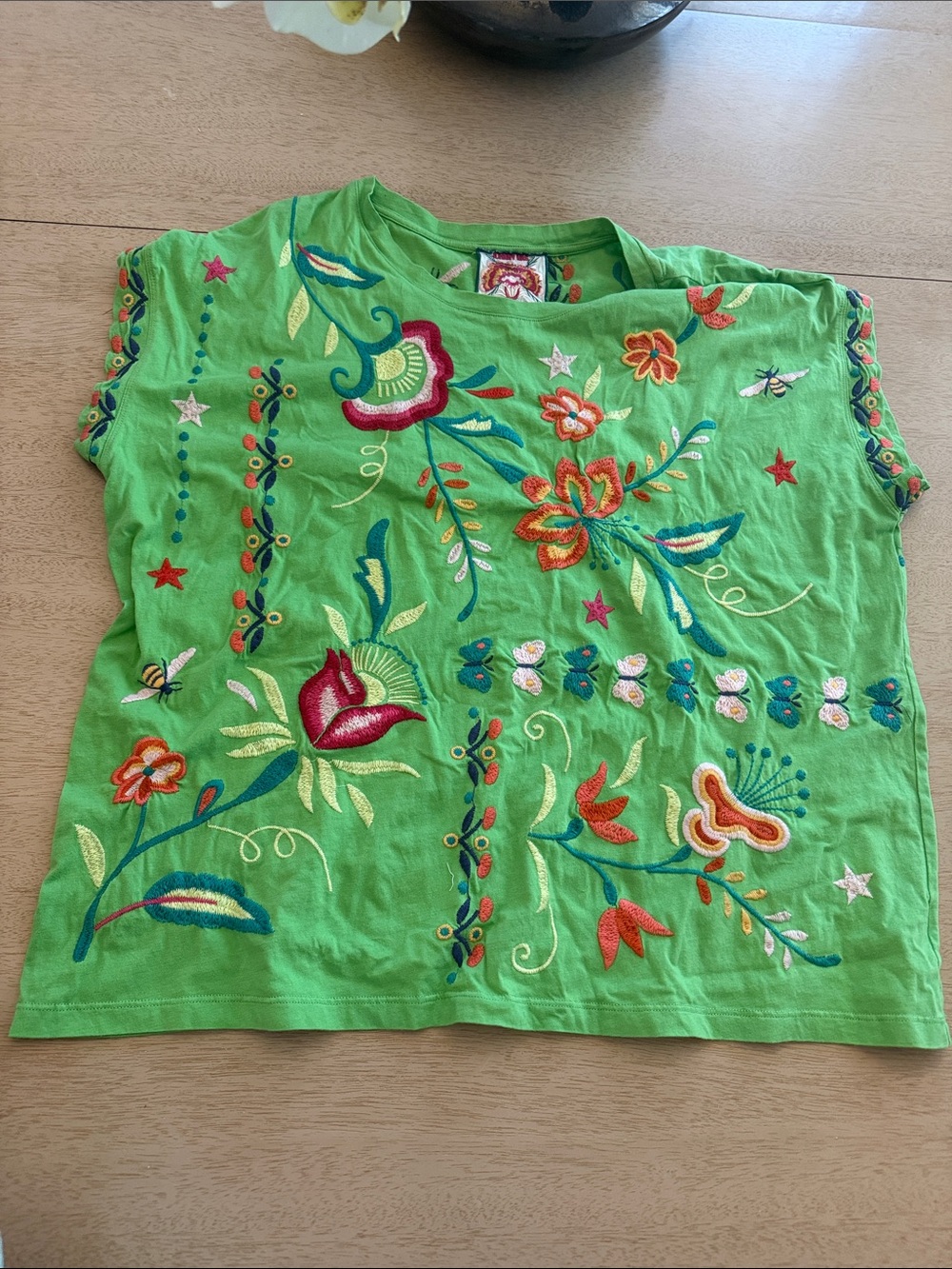 Johnny Was Green Fully Embroidered T Shirt